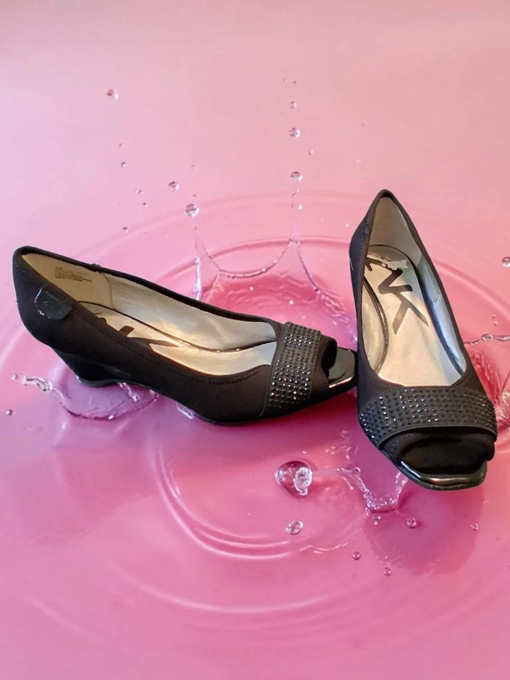 Anne Klein Sport Black Peep-Toe Wedge Pumps with Embellished Strap Womens Sz 8